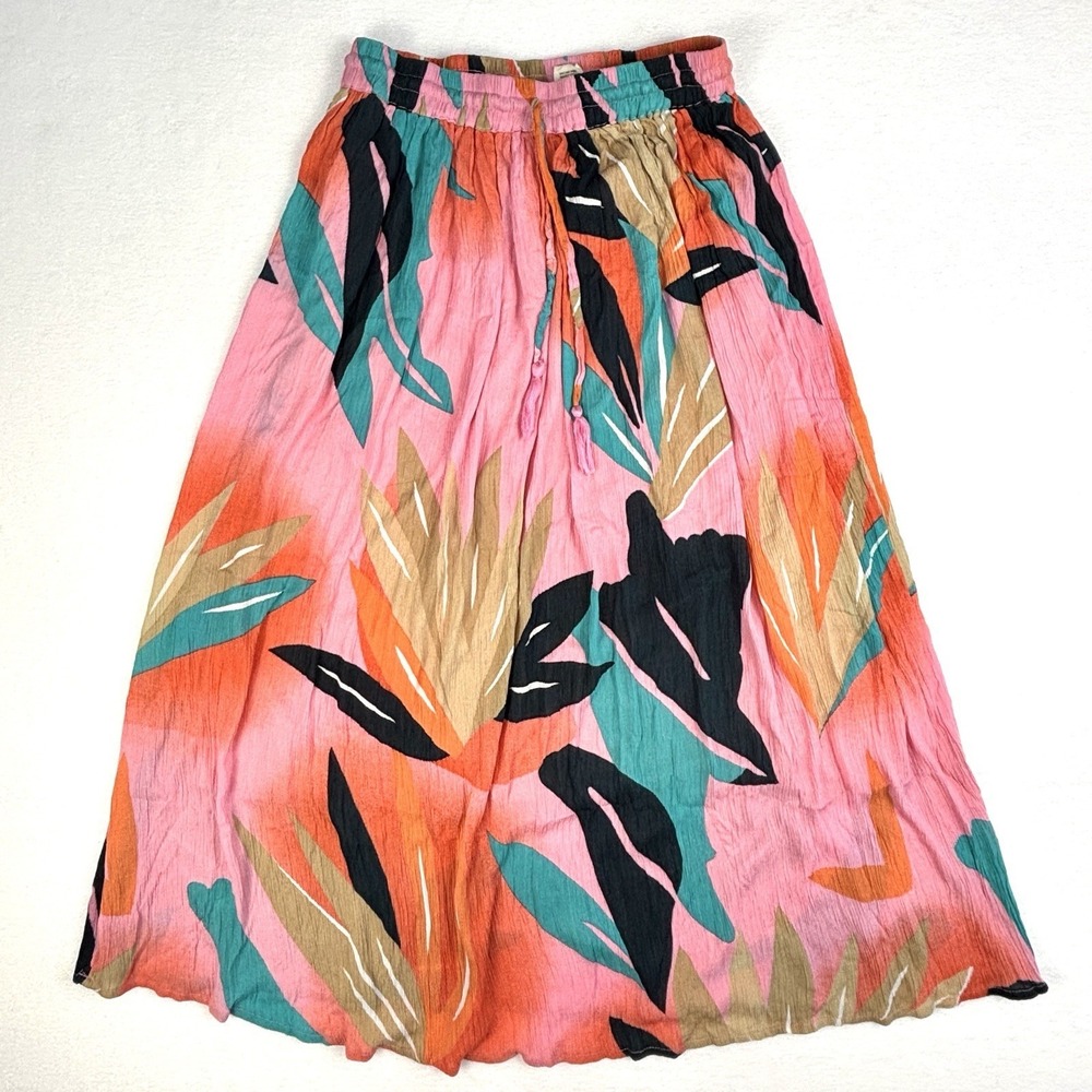 Gypsie Blu Tropical Leaf Print Maxi Skirt Small Pink Rayon Lined Boho